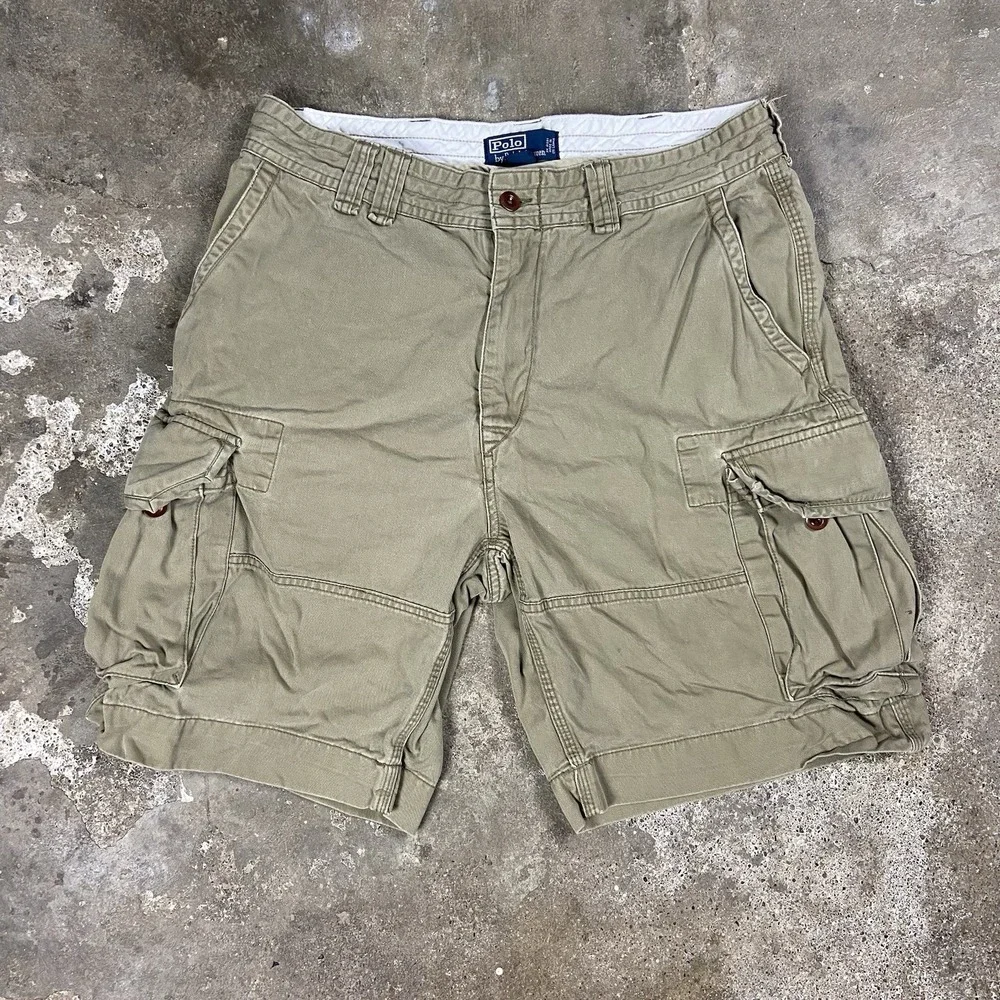 Vintage Y2K Polo Ralph Lauren Cargo Shorts Size 34 Olive Khaki Heavy Cotton